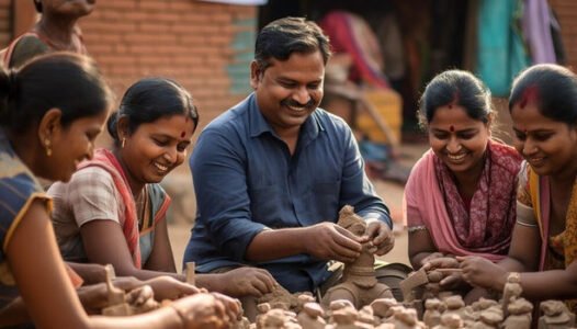 A man and a group of women shaping clay together during a craft training session