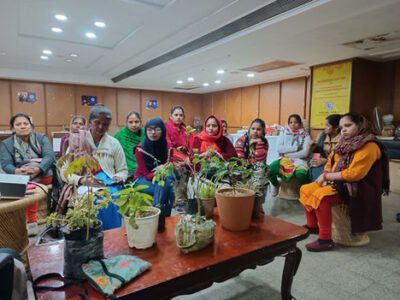 Women seated around a table with potted saplings during an indoor meeting